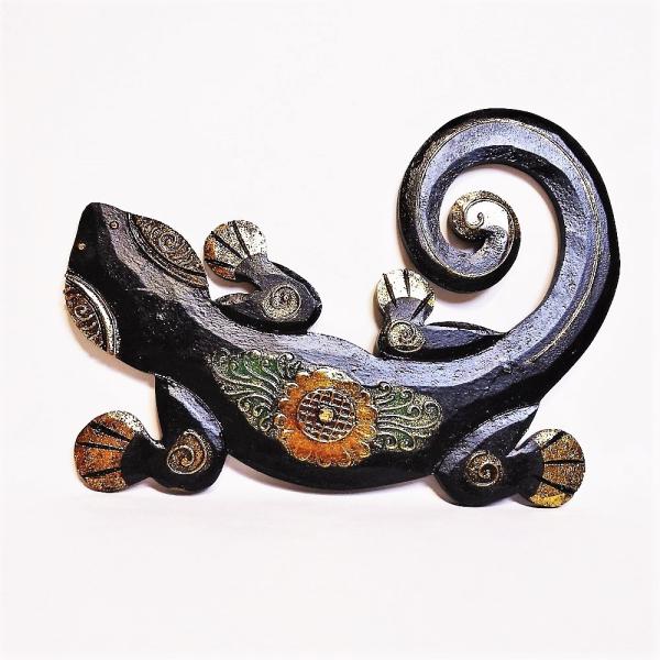 ヤモリ 壁掛け エスニック ボード 木製 縁起 インドネシア製 ゲコパネル Sサイズ ブラック　