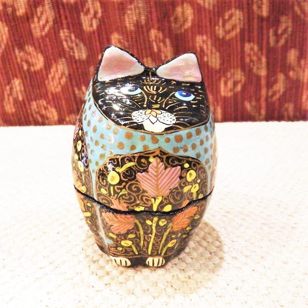 ネコ 小物入れ ブラック 置物 BOX エスニック ペーパーマッシュ 立ちネコ インド 手作り