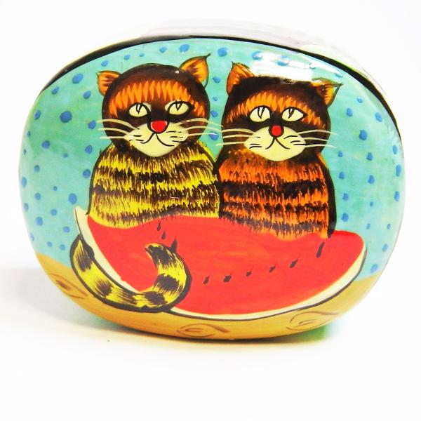 BOX ペーパーマッシュ ネコ 小物入れ 可愛い 西瓜と猫 インド 手作り Mサイズ