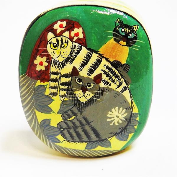 BOX ペーパーマッシュ ネコ 小物入れ 可愛い 猫3匹 インド 手作り Mサイズ