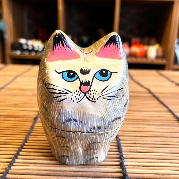 ネコ 小物入れ 可愛い 立ちネコ グレー BOX ペーパーマッシュ アニマル インド 紙素材 アジア...