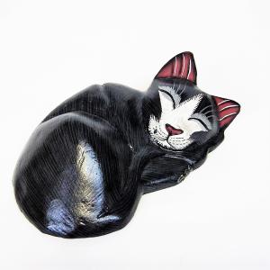 置物 猫 オブジェ 黒猫 アジアン 木製 木彫り 可愛い 癒し インドネシア製 眠り猫 インテリア アジアン｜ten6duca