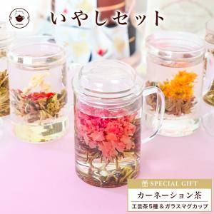 リムテー  ギフト カーネーション 花 咲く お茶 工芸茶 5種 耐熱ガラスマグカップ付 いやしセット 中国茶 プレゼント 花茶 誕生日 内祝い｜中国茶専門店RIMTAE