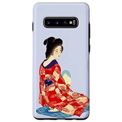 Galaxy S10* 芸者 扇子を持つ美しい日本女性 着物 日本画 長襦袢 スマホケース