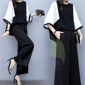 パンツセットアップ レディース 2点セット ワイドパンツ パンツドレス シャツ ブラウス ガウチョパンツ シフォン 着痩せ 30代 40代 大人 上品 通勤 結婚式 OL