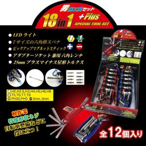 男前工具セット 18in1 2色アソート 12個入りBOX LEDライト ドライバー 星形トルクス DIY 工具 日曜大工 レジャー 603-580