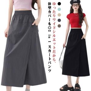 スカート レディース レヤード ガウチョパンツ スカーチョ 夏 薄手 大きいサイズ 体型カバー ロングパンツ ハイウェスト 大きいサイズ ガウチョ ワ