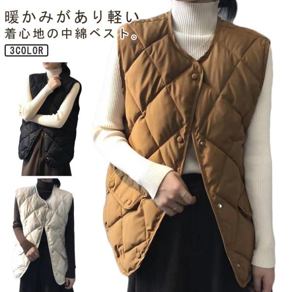 中綿ベスト キルティングコート ノーカラー ジャケット キルティングコート 防寒 トップス レディー...