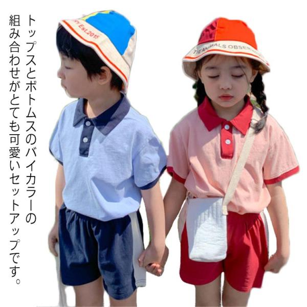 キッズ ベビー服 上下セット 半袖 ポロシャツ ショートパンツ バイカラー 子供服 女の子 男の子 ...