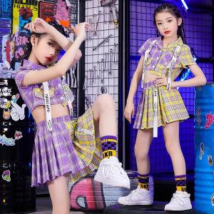 ダンス 衣装 キッズ ガールズ 女の子 セットアップ チェック スカート ヒップホップ 韓国 子供服 チェック柄 演奏会 応援団 韓国 ヒップホップ