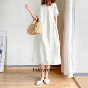 ワンピース ロング レディース リネン風 半袖...の詳細画像1