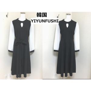 結婚式 韓国ファッション YIYUNFUSHI シフォン袖 ロング ワンピース 黒 春 L 11号  20代 30代｜tentoumusi-recycle