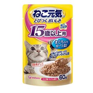 ユニ・チャーム　ねこ元気　総合栄養食　パウチ　15歳以上用　まぐろ入りかつお　60ｇ　キャットフード　ウェットタイプ　シニア　腎臓の健康維持