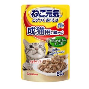 ユニ・チャーム　ねこ元気　総合栄養食　パウチ　成猫用（1歳から）　ささみ・まぐろ入りかつお　60ｇ　キャットフード　ウェット　総合栄養食