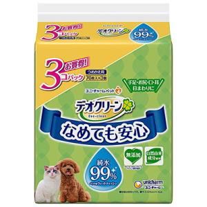 ユニ・チャーム　デオクリーン　純水99%ウェットティッシュ　つめかえ用　70枚×3個パック　犬猫　ペ...