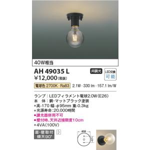 コイズミ照明 LEDシーリングライト　電球色　LEDフィラメント電球　４０Ｗ相当　マットブラック　LED交換可能AH49035L｜terukuni