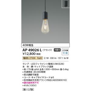 コイズミ照明 LEDペンダントライト[40W相当][電球色][マットブラック]AP49026L