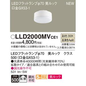 パナソニック 美ルック拡散タイプLEDフラットランプ Φ70[口金GX53-1][温白色]LLD2000MVCE1｜terukuni