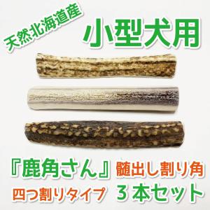 小型犬用　蝦夷鹿の角　『鹿角さん』　髄出し割り角　四つ割りタイプ３本セット　サイズ（長さ10〜12cm：太さ1〜2cm）天然　無添加　北海道産　エゾシカノツノ