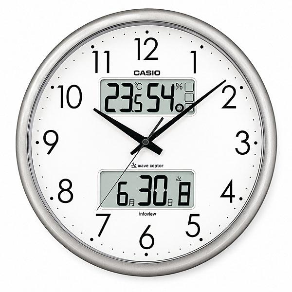 カシオ CASIO CLOCK 掛け時計  シルバー 壁掛け時計 電波 温度 湿度 夜見えライト パ...