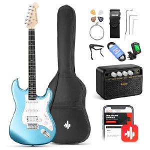 　Donner DST-100T 39 Inch Electric Guitar Beginner Kit Solid Body Full Size Lake Blue HSS Pick Up for Starter, with Amplifier, Bag, Digital Tu並行輸入