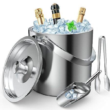 Ice Bucket 3L with Lid,Scoop,Tongs, Double Wall In...