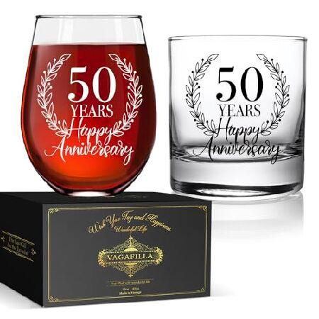 　50 Years Happy Anniversary Wine ＆ Whiskey Glass G...