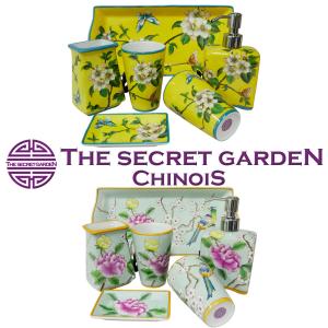 THE-SECRET-GARDEN シノワズリ 洗面セット 花鳥柄 オールハンドペイント サニタリー バスルーム ディスペンサー ソープディッシュ 歯ブラシたて シークレット｜the-secret-garden