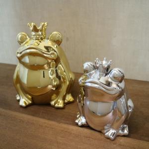 陶磁器 貯金箱 王冠 カエル かえる 蛙 ゴールド/シルバー Lサイズ セラミック