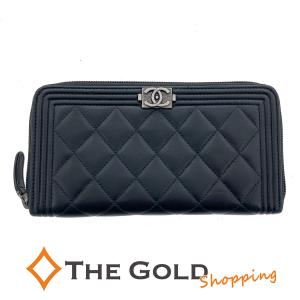 CHANEL ボーイシャネル ラウンドジップウォレット ブラック ココマーク シルバー金具 黒 レザー ロングウォレット 長財布 シャネル◆中古