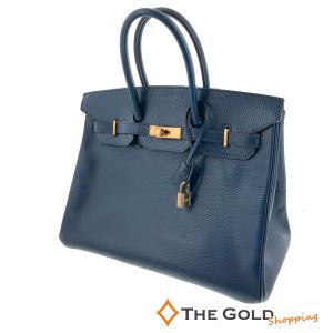 エルメス バーキン35 □F刻印 ブルー系 青系 アルデンヌ レザー ゴールド金具 ハンドバッグ HERMES◆中古