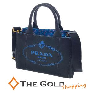 PRADA カナパ トートバッグ 1BG439 デニム ブラック ブルー キャンバス ロゴ 2WAY ハンドバッグ ショルダーバッグ プラダ◆中古｜thegoldshopping