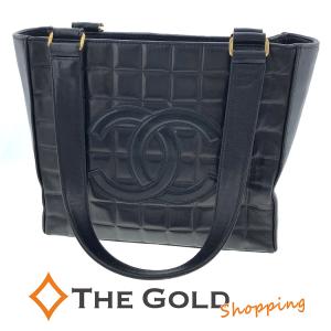 CHANEL トートバッグ A17809 チョコバー ラムスキン スクエア ブラック ゴールド金具 レディース シャネル◆中古｜thegoldshopping