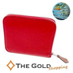 HERMES アザップシルクインコンパクト D刻印 2019年 シルク レッド ブルー 小銭入れ レディース エルメス◆中古