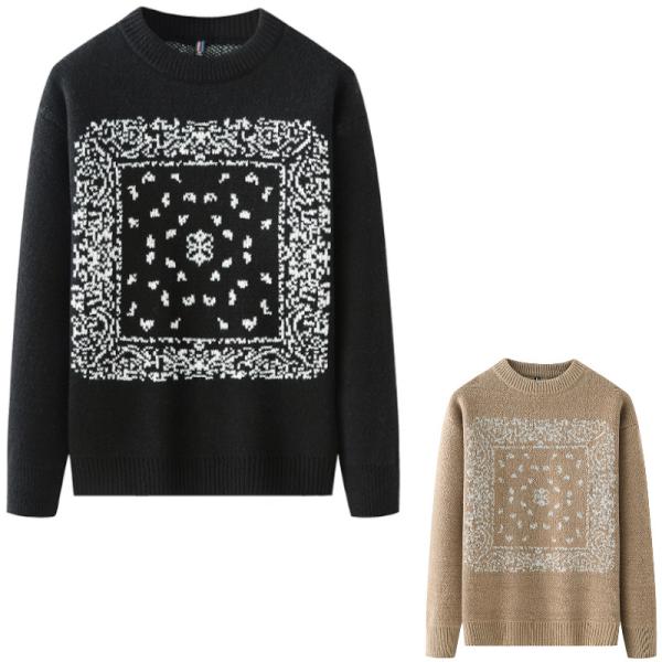 バンダナ柄 クルーネック ニット丸首セーター Paisley bandana pattern cre...