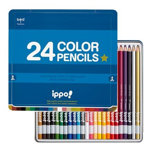トンボ鉛筆 色鉛筆 24色 小学生 ippo (スライド式の缶) プレーン ブルー CL-RPM04...