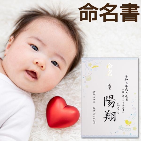 命名書 男の子 - 名入れ ブルー 命名紙 代筆 / お名前＋生年月日＋身長体重 / A4サイズ /...
