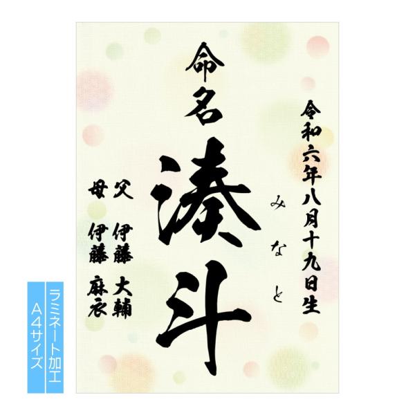 【名入れ】 命名書 水玉 - 男の子 手書き風 命名紙 代筆 / お名前＋生年月日＋ご両親 / A4...