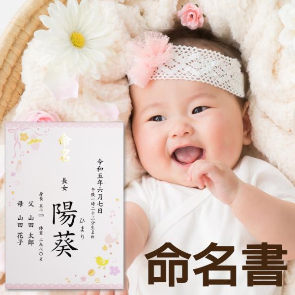 命名書 女の子 - 名入れ ピンク 命名紙 代筆 / A4サイズ / ラミネート加工 / 赤ちゃん ...