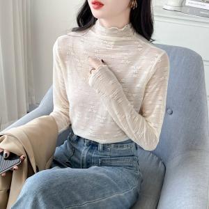 カットソー  レディース シースルーブラウス トップス レース 透け感 薄手 凹凸感 ゆるっと ストレッチ オシャレ  ハイネック  長袖  薄手  5001