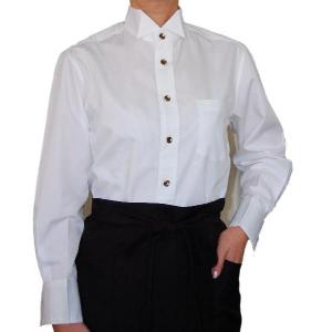 ウイングカラーシャツ 白　長袖男女兼用SS〜LL　ホテルユニフォーム　（白身頃Ｘ金ふち黒ボタン使用）｜theuniform