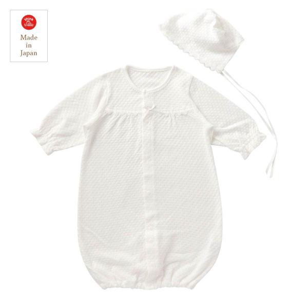 【日本製】 横編み風ジャガードリボン ベビー ドレス 帽子 2点 セレモニー ［股スナップ付け替え/...