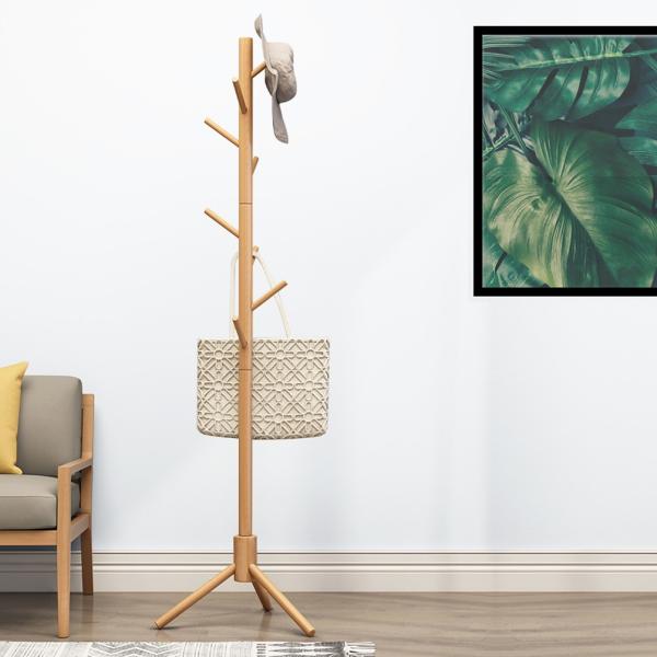 ポールハンガー 木製コートハンガー ハンガーラック 木製ハンガー ポールスタンド 小枝8本 帽子/ス...