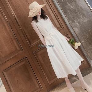 夏の白いレースのワンピース膝越しのノースリーブシフォンスカートの小新?な少女の甘いロングスカート