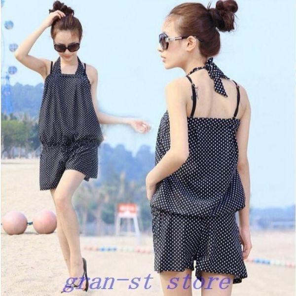 水着3点セットレディース体型カバービキニサロペットママ水着大きいサイズドット柄海水浴温泉20代30代...