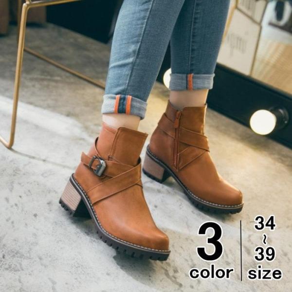 ブーツ レディース ショートブーツ エンジニアブーツ サイドジップ ミドルブーツ ショート丈 太ヒー...