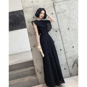 おしゃれパーティードレス ロング 黒 半袖 かっこいい 結婚式 お呼ばれ ドレス ロングドレス 演奏会 発表会 大きいサイズ フォーマル ワンピース