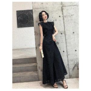 おしゃれパーティードレス ロング 黒 半袖 か...の詳細画像1