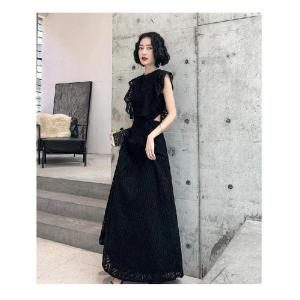 おしゃれパーティードレス ロング 黒 半袖 か...の詳細画像2