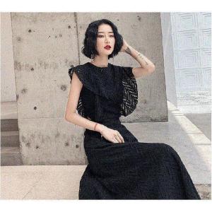 おしゃれパーティードレス ロング 黒 半袖 か...の詳細画像3